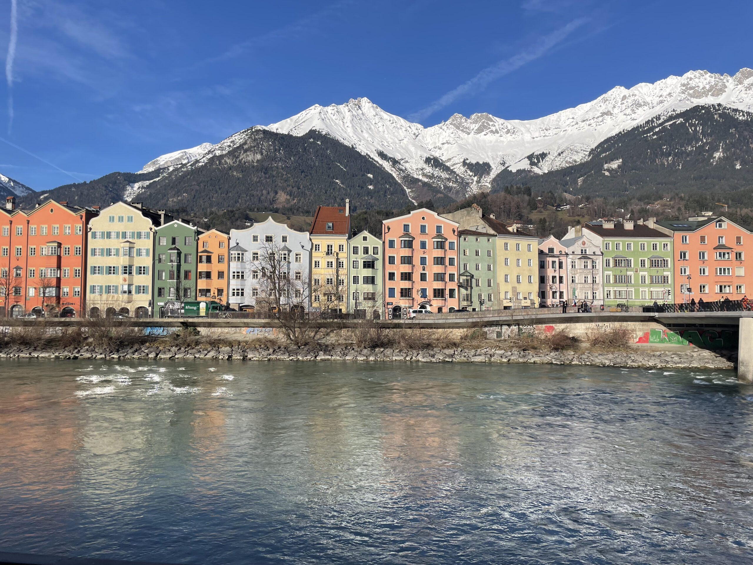 Colorful buildings along the river in Innsbruck, Austria