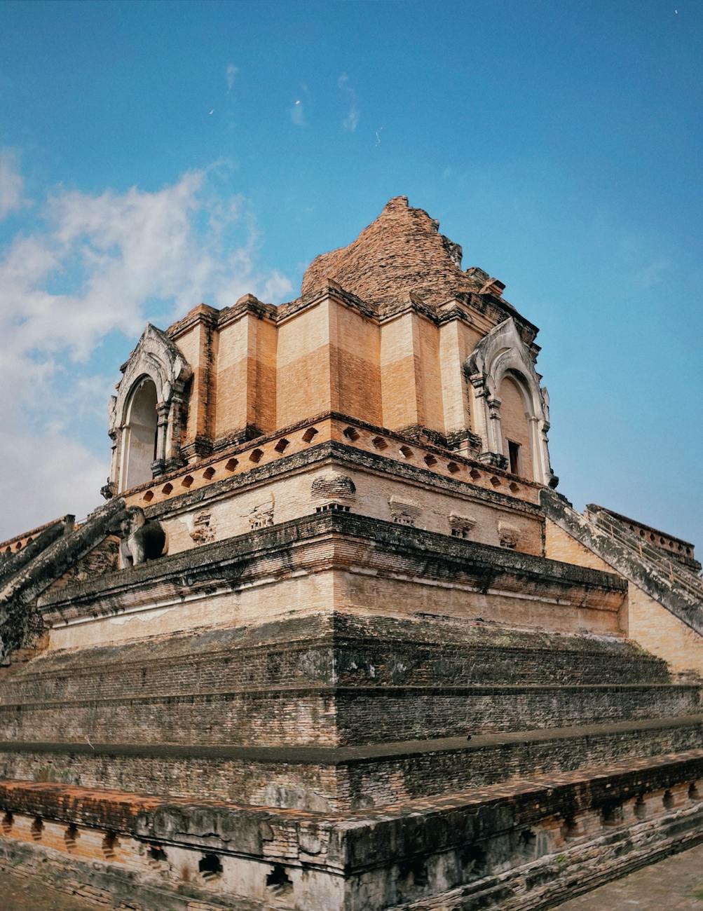 facade of wat chedi luang in chiang mai thailand