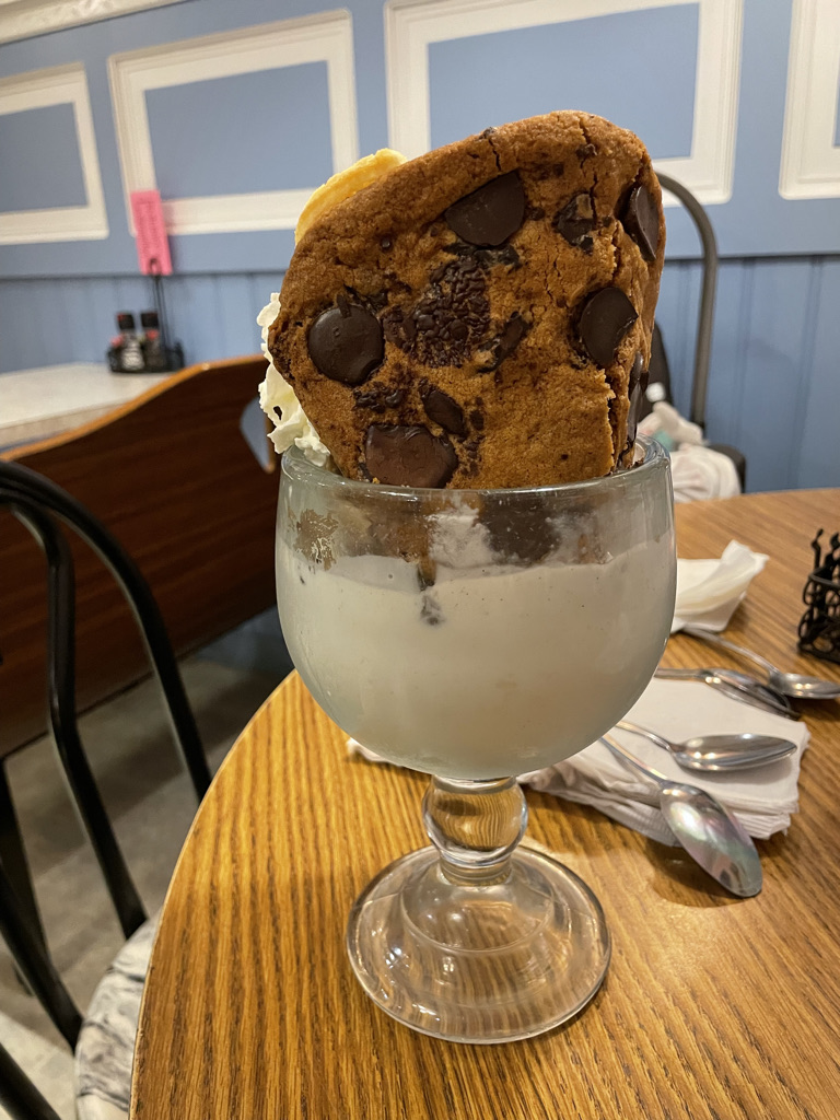 Ice cream with a chocolate chip cookie on top at Duffer's in Wildwood, New Jersey.